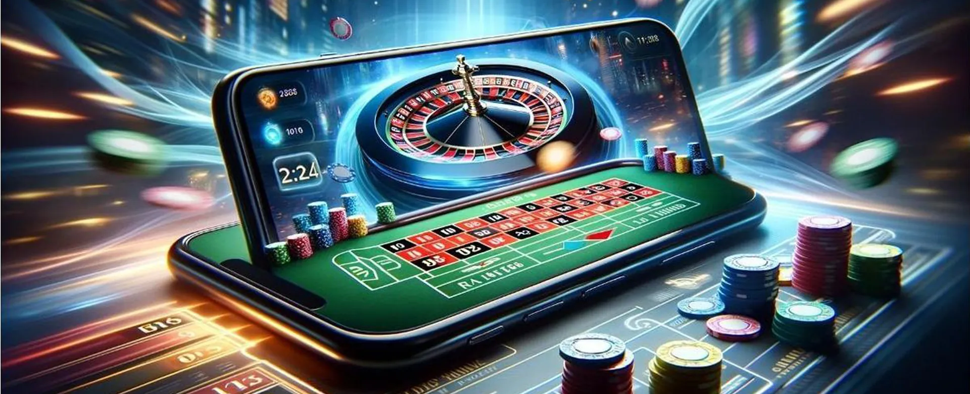 Dynamic online casino background featuring various game elements